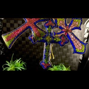 Vintage Plique a Jour CLOISONNE Enamel Stained Glass Floral Cross Ornaments